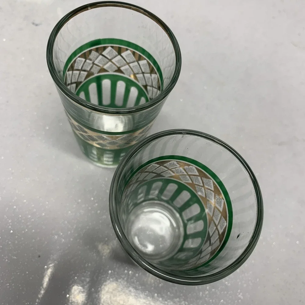 Vintage Set of 6‎ Shot Glass Green Stripe Gold Trim 3 Oz Made Italy Barware READ